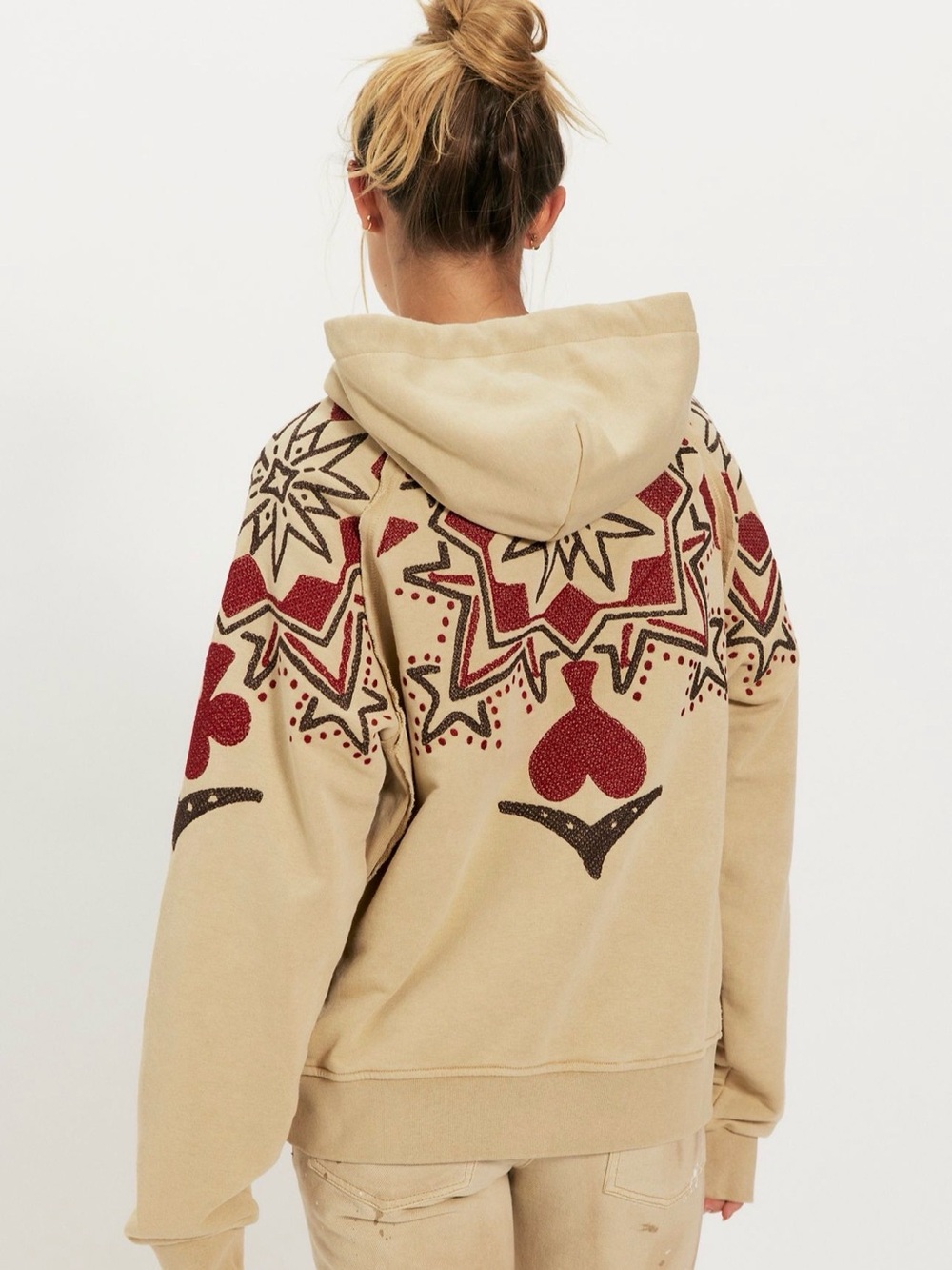 Free People Denim And Bone Playing Card Hoodie Embroidered Ivory Red Black